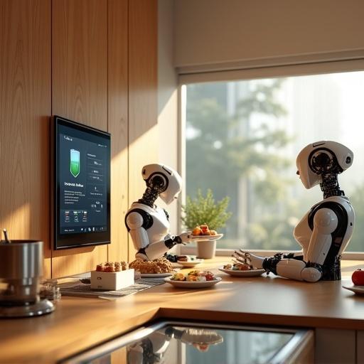 Photorealistic kitchen of the near future with natural wooden surfaces. Soft lighting creates a warm atmosphere. Integrated smart technology evident. Two humanoid robots work in the kitchen. One prepares meals using a wall-integrated touchscreen system. The other serves dishes to the counter. Clean and futuristic feel. Blends modern comfort with robotic precision. Visible food items include baked goods and vegetables. Materials include wood, glass, and metal. Style is realistic and sophisticated with a light sci-fi tone.