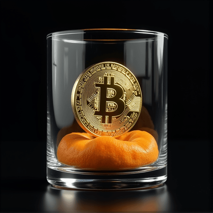 A large, golden Bitcoin is displayed inside a transparent glass cube, surrounded by golden nuggets, set against a dark backdrop.