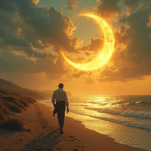 Surreal digital art with golden tones. A man in vintage suit walks barefoot on a golden gear pathway. The sky is an inverted ocean with clouds shaped like melting clocks. His shadow consists of hanging clocks that pulse like hearts. Trees have leaves shaped like clock spheres. A moon in the form of a golden hourglass spills sparkling sand. Pocket watches sprout from the ground like metallic flowers. Dreamlike atmosphere, distorted time, golden light.