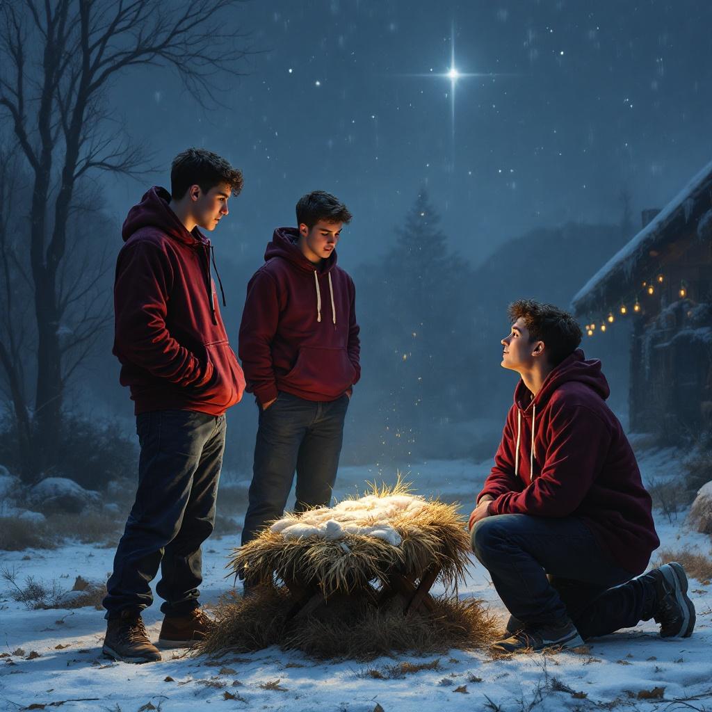 Three athletic boys in maroon hoodies gathered around a Christmas manger scene in winter. They stand and kneel, looking at the manger filled with hay and the star above.