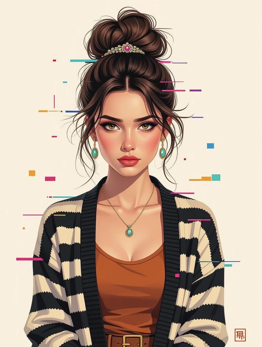 Portrait of a woman with hair styled in a bejeweled bun. She wears brown pants and a black and white striped cardigan. Background has an abstract glitched effect. The atmosphere feels both futuristic and magical. Semi-abstract design with intricate details and mixed media touches. Bright colors create contrast and highlight the subject's sad expression.