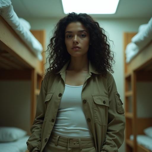 A realistic detailed image of a short petite military female with dark long curly hair. She wears a light beige short military jacket and matching uniform pants with boots. The outfit includes a white tank top. The setting is a white dorm at night with a bunk bed in the background. Overhead ceiling light casts soft shadows and highlights details.