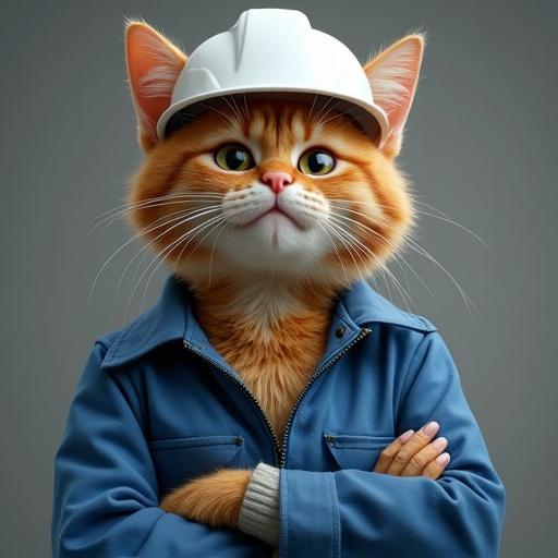 A semi-realistic cat wears a white hard hat and blue work jacket. The cat has a smug confident expression with arms crossed. The perspective is low-angle, capturing a confident posture.