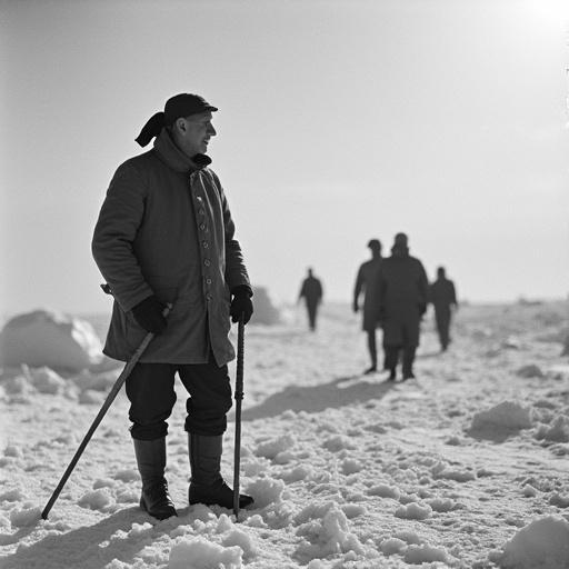 Historical photograph of Roald Amundsen at the South Pole. A winter scene capturing explorers in snow. Image shows figures trekking in a snowy landscape with a focus on one man using a walking stick.