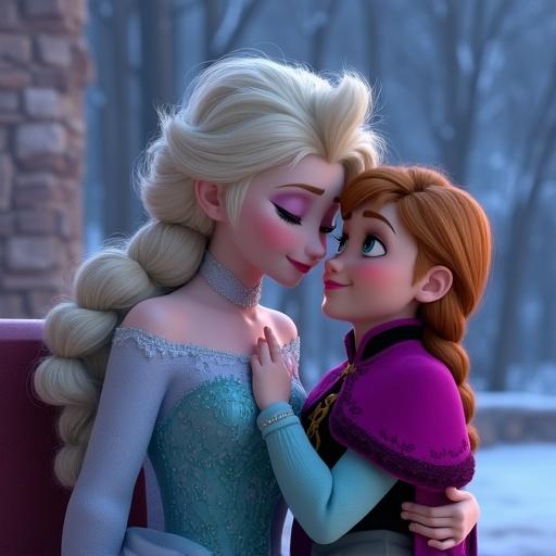 Anna and Elsa in a snowy background. They are close together smiling at each other. Elsa wears a light blue gown. Anna wears a dark purple outfit. They have a loving bond. Frozen theme.