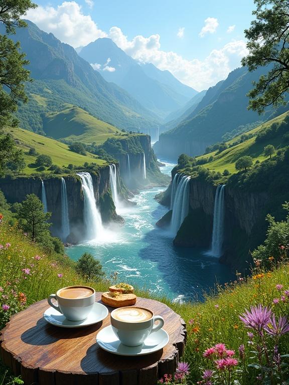 Breathtaking valley landscape with multiple cascading waterfalls flowing into a river. Rugged gray cliffs surrounded by lush greenery and wildflowers. Two white ceramic coffee cups on a wooden table with sandwiches. Bright sunlight illuminating the scene and blue sky with white clouds.