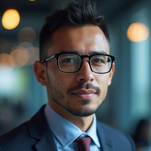 A Colombian computer engineer shows his face to the camera. He wears a suit and glasses. He has very short hair.