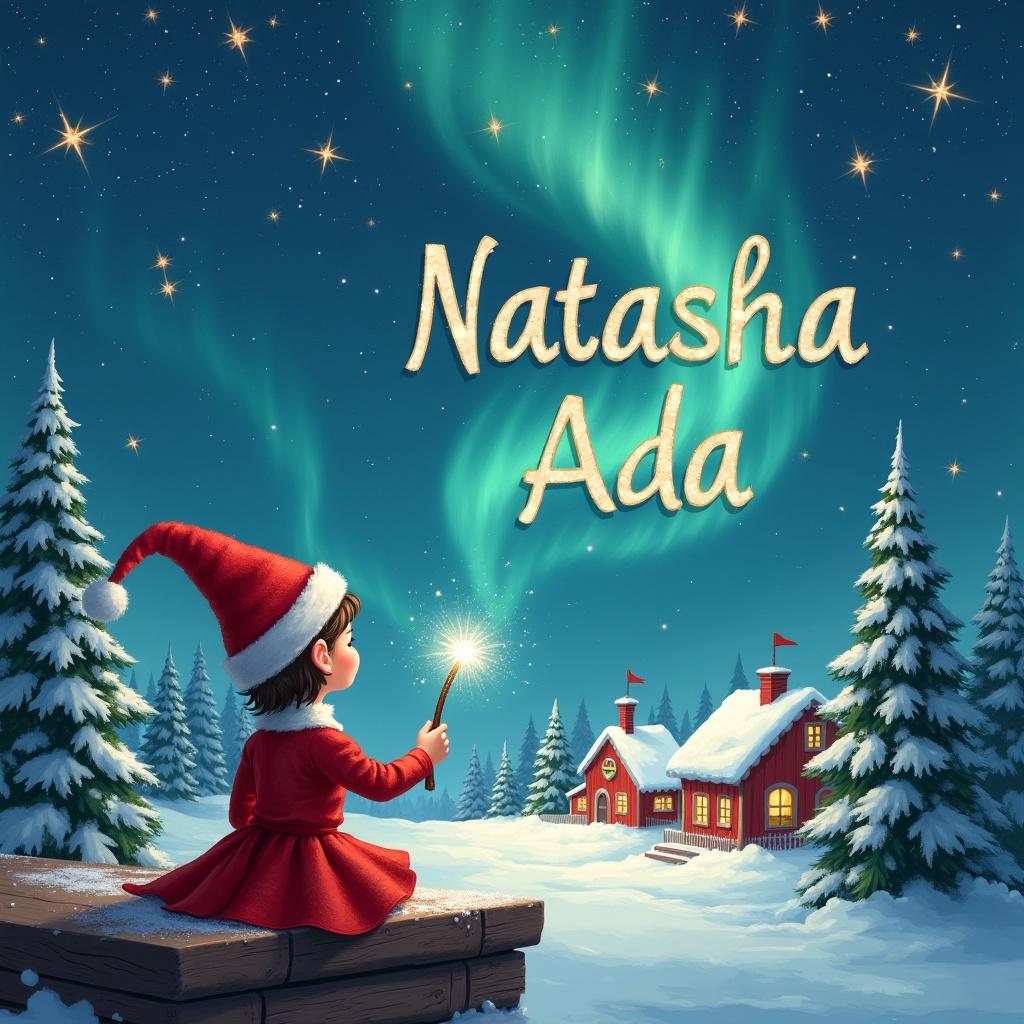 Elf in red outfit sits on wooden ledge holding sparkly wand gazing at starry sky. Names Natasha and Ada appear in sky. Scenic snowy landscape features charming houses and evergreen trees under Northern Lights. Whimsical illustration captures Christmas cheer.