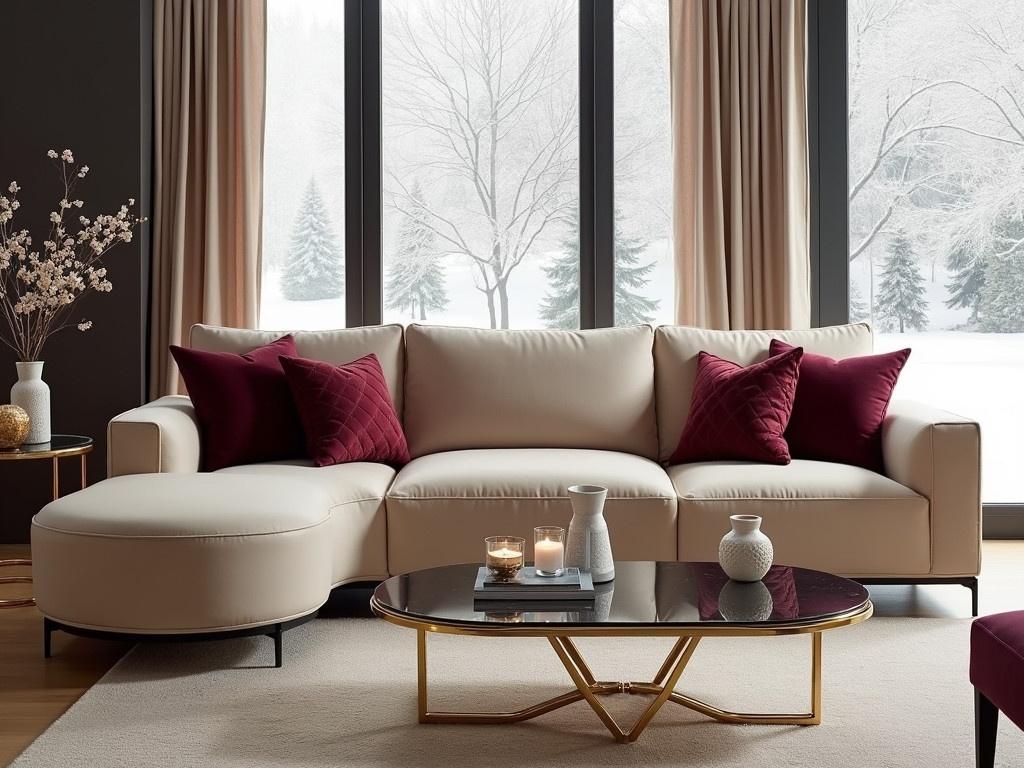 In a modern living room, there is a large beige sofa adorned with burgundy accent pillows that add a rich pop of color. The design features a luxurious finish, complemented by elegant cushions displaying a diamond quilt pattern. A chic coffee table sits in front of the sofa, made of glass and gold-toned metal, reflecting the warm tones of the room. Beside the sofa, a stylish side table holds decorative candles and a small vase with delicate flowers. Large windows reveal a snowy landscape outside, allowing natural light to flood the space, enhancing the tranquil and sophisticated atmosphere.