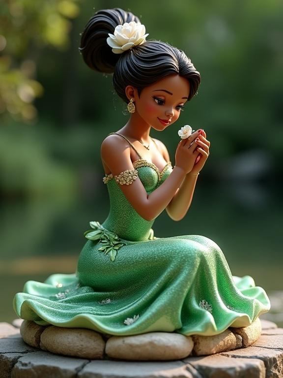 3D sculpture inspired by a stylized and sensual version of Tiana. The figure is seated elegantly on a circular base with stones and lily pads. She wears a shiny green dress with transparency and golden details, adorned with a large white flower in her hair. Eyes are closed, leaning forward sweetly to kiss a small magical frog. The pose conveys elegance, tenderness, and confidence. The environment has a magical touch with soft lights and subtle sparkles resembling water reflections.
