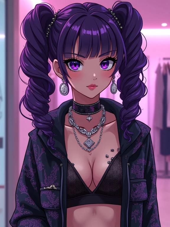Anime illustration of a woman inside a modern boutique. She has purple hair styled in pigtails. Amethyst purple diamond jewelry is prominently displayed. Dressed in edgy rhinestone streetwear. The setting has a futuristic aesthetic with pastel colors.