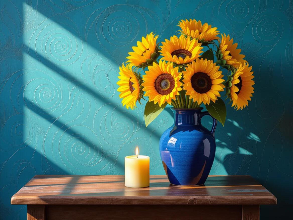 Sunflowers arranged in a blue vase. Rustic wooden table holds a lit candle. Bold swirling patterned wall in turquoise serves as the background. Candlelight accentuates shadows and highlights textures.