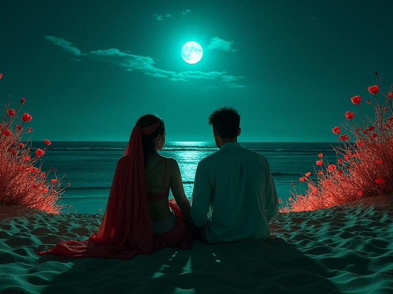 Couple on Caspian beach at midnight. Softly glowing bioluminescent abaya and shirt. Golden sandcastle inspired by Naqsh-e Jahan Square. Crumbling Persian pleasure garden nearby. Twisted topiaries with owl faces. Black tulips with neon blue veins. Cracked qanat channel spilling black liquid. Wife’s henna designs turning into vines. Husband’s shadow reaching toward garden. Moon shaped like a Faravahar symbol. Warm lantern light with jade glow.