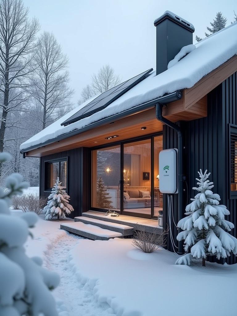 Luxury home equipped with a solar panel and visible EV charger. Snow-covered landscape with winter theme. Standard heat pump integrated into the design. Cozy indoor lighting visible through glass walls.