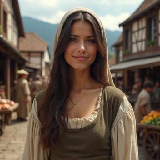 A young European medieval townswoman stands in a bustling marketplace. She has fair skin and warm brown eyes. Her long dark brown hair is partly covered by a simple coif. The townswoman wears a modest dress made of wool and linen. The dress is earthy toned and shows signs of daily wear. The background is a lively medieval market with wooden stalls and carts of fruits and vegetables. The atmosphere is warm and authentic.