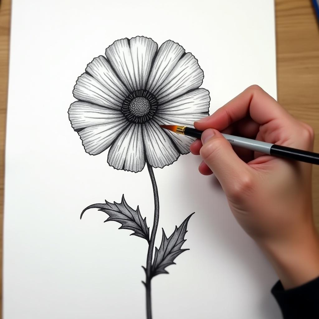 A hand is drawing an intricate black and gray poppy on paper using a paintbrush.