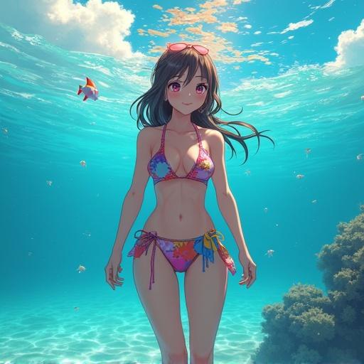 Anime style digital artwork of a young woman in a colorful bikini half-submerged in water. Tropical beach scene with bright sunlight. Colorful fishes swim in clear water. Represents a beach holiday ambiance.