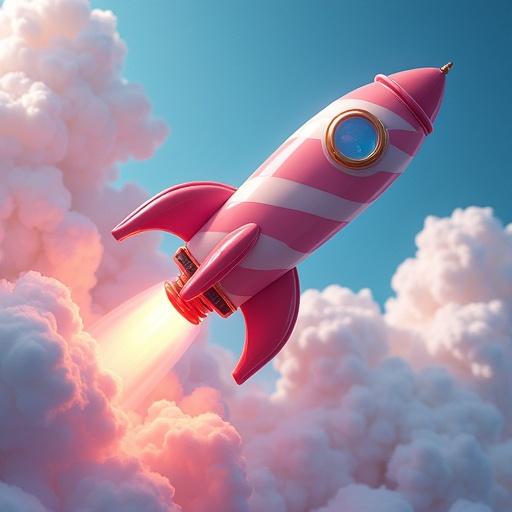 Rocket ship shaped like a candy cane. Flying through fluffy cotton clouds. Digital illustration with surreal fantasy style by Tim Burton. 4k resolution. Marshmallow trails and chocolate fins. Pastel pinks and blues with glowing candy sparkles.