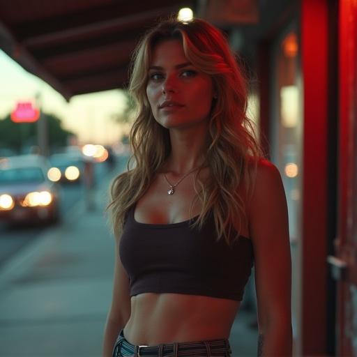 Suburban mom stands outside a bar in an urban environment. She appears anxious and scared. The scene is set during dusk with soft ambient lighting. The background shows an urban street with cars and fading daylight.