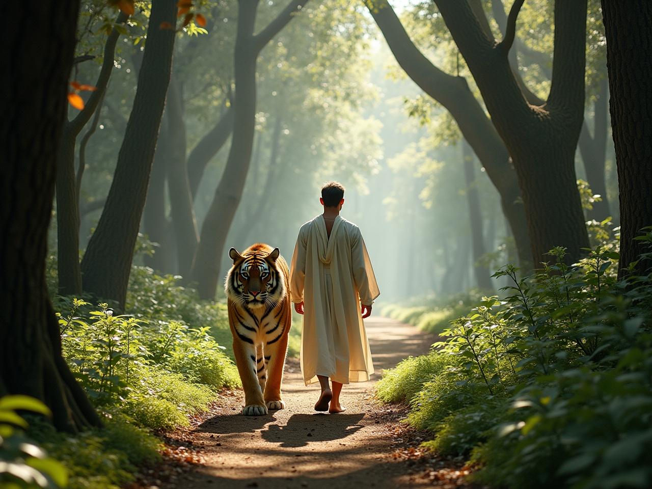 A man is walking alongside a tiger in an ancient mystical forest. He is dressed in flowing white garments, similar to those he wore before. The forest is lush and vibrant, filled with tall trees and green undergrowth. Sunlight filters through the leaves, creating dappled patterns on the ground. The atmosphere is calm and serene, reflecting the bond between the man and the majestic tiger as they traverse the natural path together.