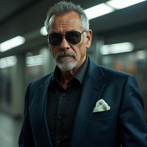 An image depicting a wealthy businessman who leads an electric car company. He has a confident expression and wears a tailored suit. Sunglasses enhance his sophisticated look. The setting is modern with smooth lighting effects.