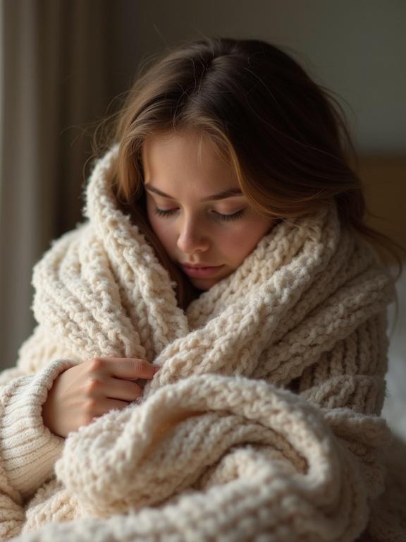 A person is gently hugging themselves with a warm blanket. The blanket appears thick and textured. Soft natural light filters through, creating a sense of warmth and comfort.