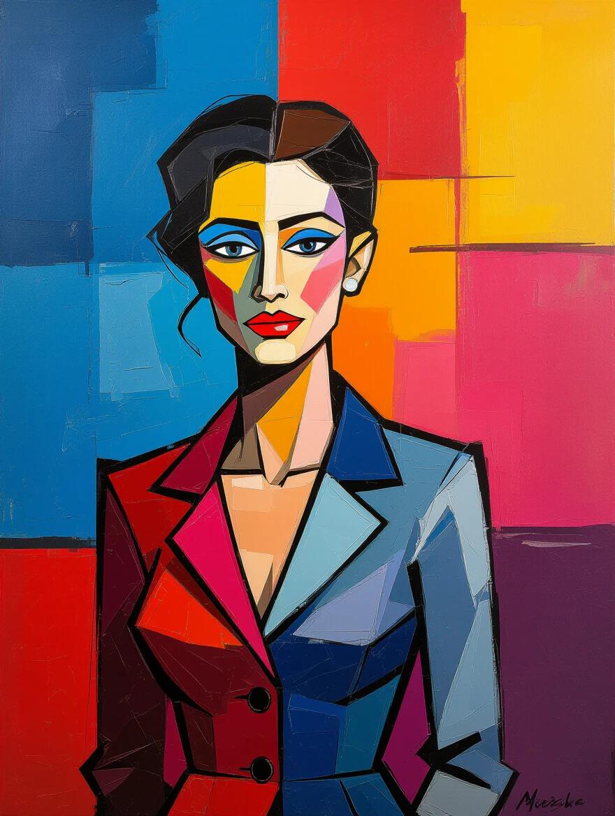 This image is an abstract painting featuring a central figure. The figure is positioned slightly off-center with a bright artistic background. Background colors are chaotic and vibrant including blue and red. Textured brushstrokes create a sense of movement. The figure has a subdued palette featuring grays and browns. The painting has a rough, almost graffiti-like quality. The lighting has a bright, neon aesthetic. The composition emphasizes energy and emotional expression.