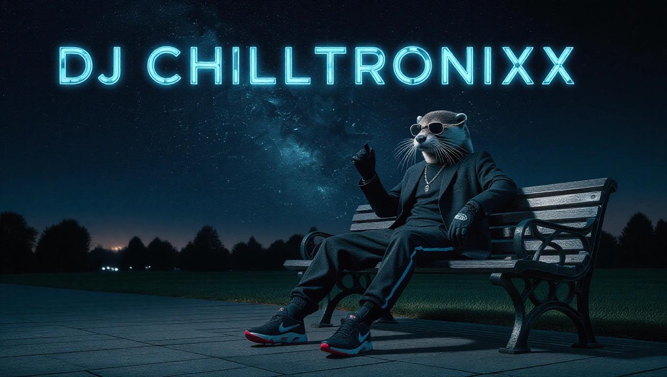 A gangster otter person in stylish clothes sits on a park bench. The character wears gloves stylish neon Nike Air runners and sunglasses. Distant lights cast eerie shadows on the dark scene. Under a very dark nebula sky, vast expanse visible. Artistic album cover has futuristic text DJ Chilltronixx.