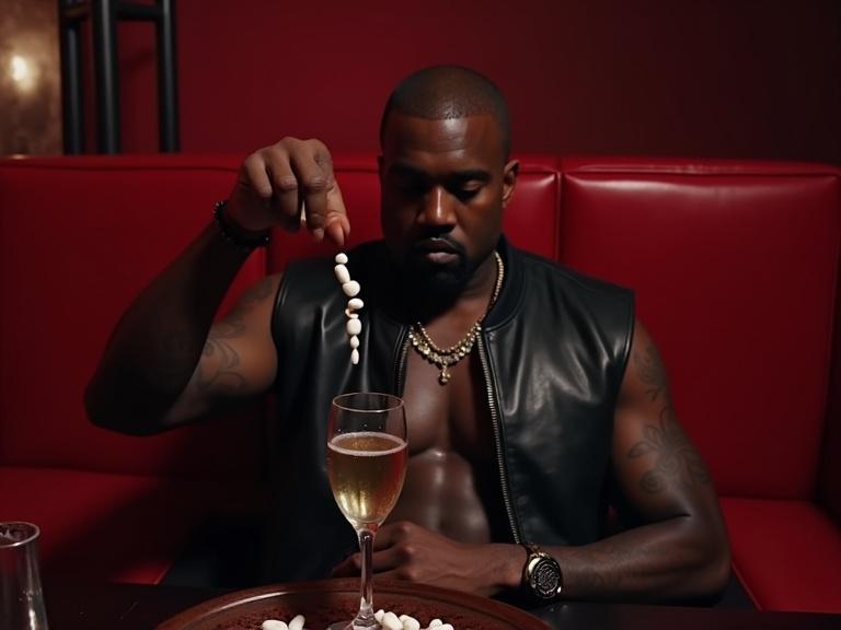 Kanye West in a nightclub vip section. Man with a black leather vest sitting next to an empty seat. Dropping a white pill into a champagne glass on a tray. Full body shot. Candid shot.