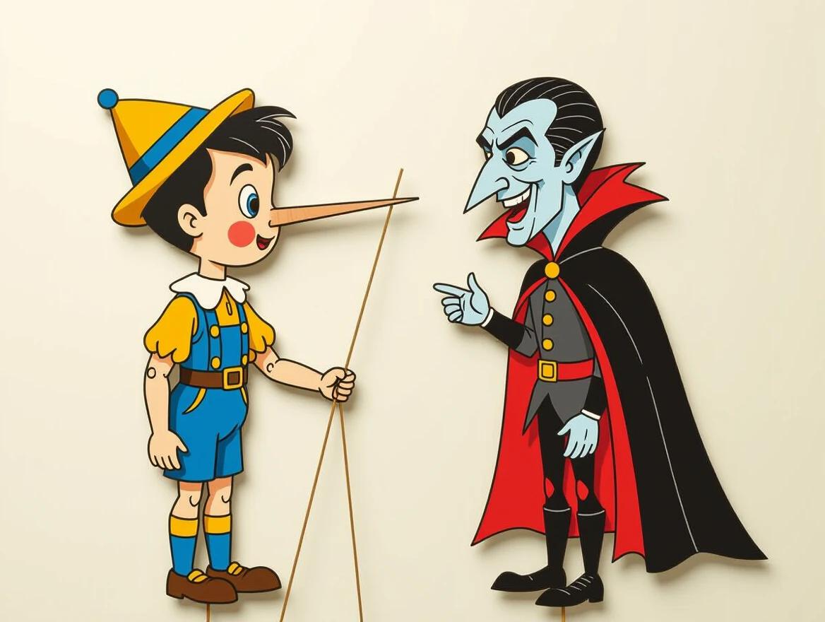 Wooden boy Pinocchio marionette puppet with long pointed nose interacts with menacing Dracula figure. Stereotypical vampire with pale skin black and red cape. Colorful papercut illustration style made of balsam wood.