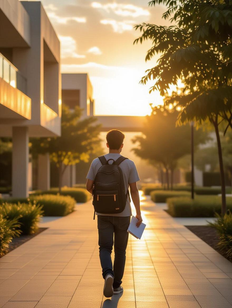 A young college student walks through a modern university campus at sunrise. The student carries a backpack and a notebook. The student looks focused and ready. The sun casts a soft golden light over the campus buildings and trees. The image has realistic lighting and a shallow depth of field.