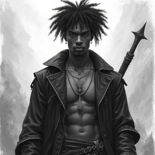 Drawing of a young black man with silver hair and horns in a fantasy world. Detailed character design wearing a black leather jacket, showcasing muscular physique.