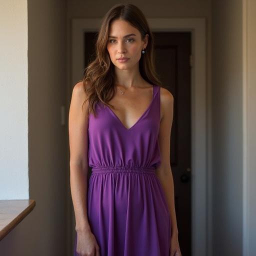 Woman in a purple dress. Dress length is around knees. Subject is in her late 20s. Simple and elegant look.