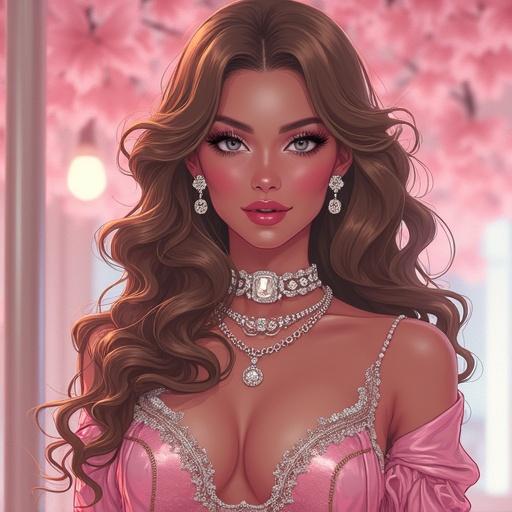 Anime character standing inside an oversized luxury Gucci store. She has long light brown wavy hair, wearing pink diamond jewelry and an edgy Gucci outfit. She embodies a futuristic aesthetic with a beautiful face and striking features. Shopping vibe depicted in a vibrant spring setting.