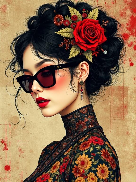 This image features a woman with a punk aesthetic. She wears sunglasses and has a floral arrangement in her hair. The background is textured with artistic splashes. Influences include Bollywood, haberdashery, and line art.