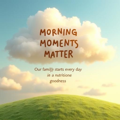 Serene morning sky with soft wispy clouds. Prominent cloud shaped to display text 'MORNING MOMENTS MATTER' in warm cursive font. Below cloud, text reads 'Our family starts every day in nutritious goodness' in clean sans-serif font. Positioned above gently rolling green hill. Natural integration of text with shadows and highlights. Overall composition peaceful and uplifting.