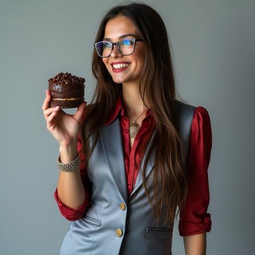 Photo features woman with long hair in tight satin shiny grey business suit. Light blue satin shirt and grey satin tie. Grey satin trousers and high-heeled shoes. She holds a chocolate cake that is partially crushed. Chocolate drips down onto her blouse. Accessories include boots, a bracelet and a necklace. She has a playful expression. Her hair appears damp and mouth open, as if taking a bite of the cake. Red blouse adds contrasting color.