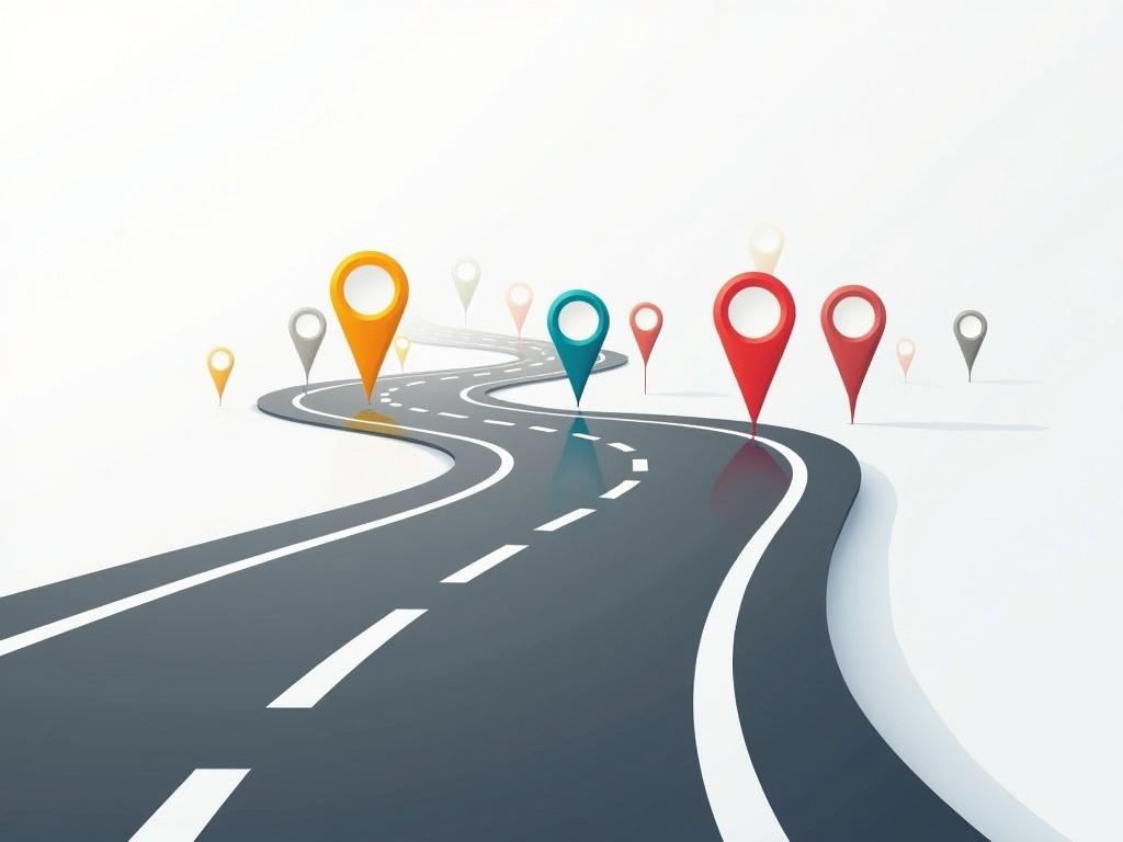 Create a vector image of a curved road viewed from a perspective angle. The road should have white lanes marked clearly on it. Along the road, include infographic elements that represent a timeline concept, like location pins in various colors. Each pin should have a circular white space in the center for labeling or icons. Make sure the road winds smoothly with detailed shading to enhance the three-dimensional effect.