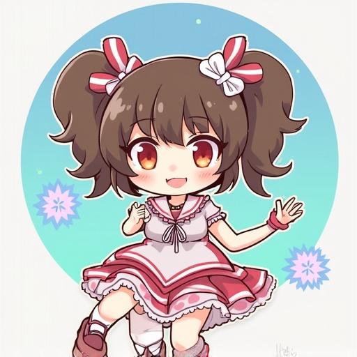 A cute animated character with brown hair and pigtails wearing a dress with ribbons. Character has a cheerful expression and is posed in a playful manner, against a pastel background.