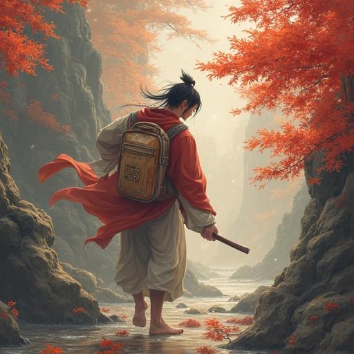 A serene landscape featuring a figure with a backpack walking through shallow water among rocks, surrounded by autumn trees with vibrant foliage
