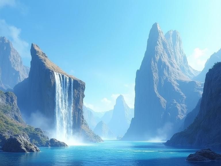 Surreal landscape with floating rock formations topped by waterfalls. Striking blue hues dominate. A serene atmosphere prevails. The scene conveys tranquility and challenges gravity perceptions.
