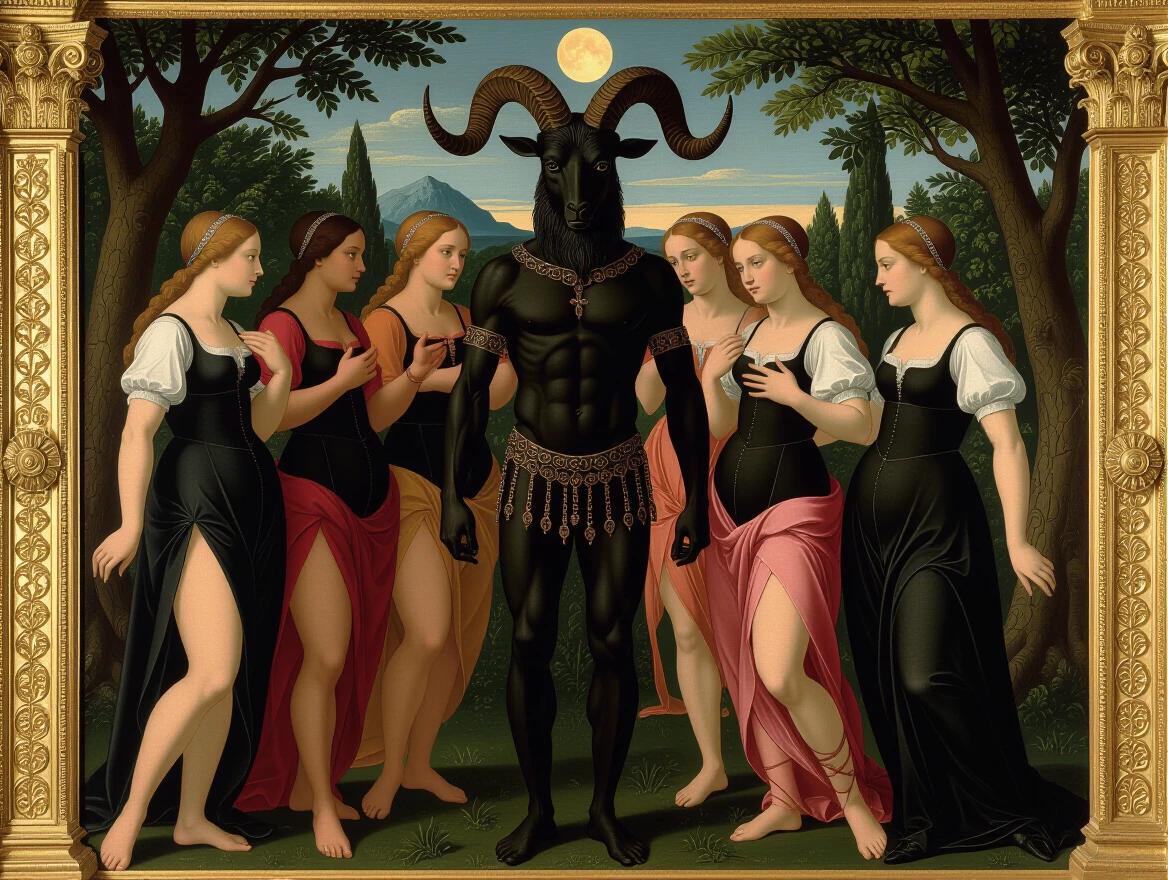 A fresco painting in Italian Renaissance style detailed human anatomy, Several women in black tunics opened at the neckline and legs showing their legs with black stockings and garters are kneeling around a man with a black goat head with twisted goat horns and a male body with leather straps and chains. They are in the night in a forest with the moon in the distance. There is smoke and fog in the scene. Black and white tones. Grayscale. There are stakes lit on fire