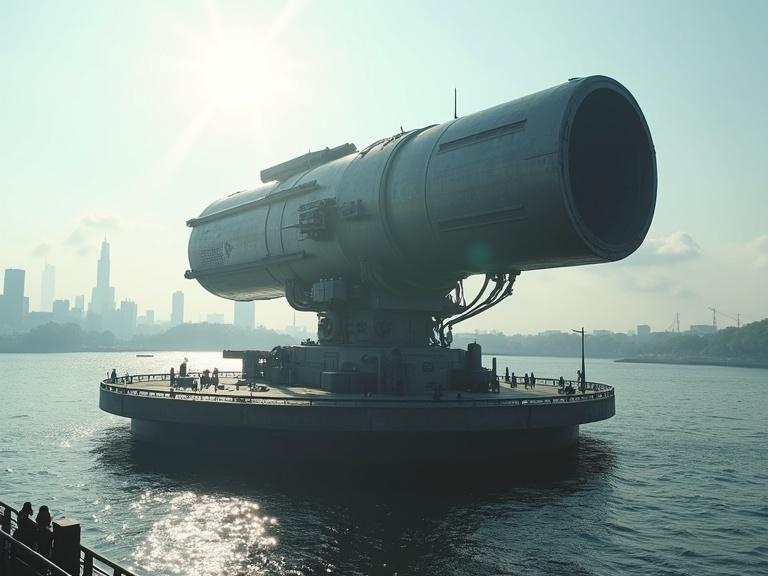 Cinematic view of a large futuristic plasma gun on a rotating platform by a city across the river, silhouetted against a bright sky with clouds, small figures standing on the platform, detailed mechanical features are visible.