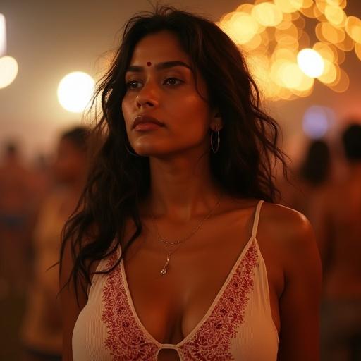 Candid cinematic photo of South Asian woman. She has a full figure, prominent bust, and deep cleavage. Soft round face with full cheeks. Fair olive complexion glistening with dew. Dreamy expression and off-camera gaze. Dark wavy hair damp and messy. Low-cut white camisole with intricate red paisley pattern. Warm golden bokeh lights in background. Shallow depth of field.