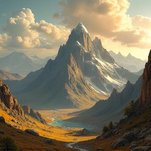 A majestic mountain range with a sharp peak surrounded by valleys. The scene captures prehistoric elements through the natural landscape. Warm lighting casts golden hues on the mountains and valleys. Soft clouds float in the sky, and a river winds through the terrain. Ideal for showcasing nature's beauty.