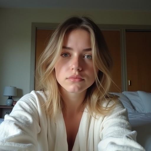 An iPhone selfie of a young woman in her mid 20s wearing a robe. She is sitting in bed with a serious expression. The photo shows uneven sunlight and mild motion blur. Composition is simple and unremarkable.