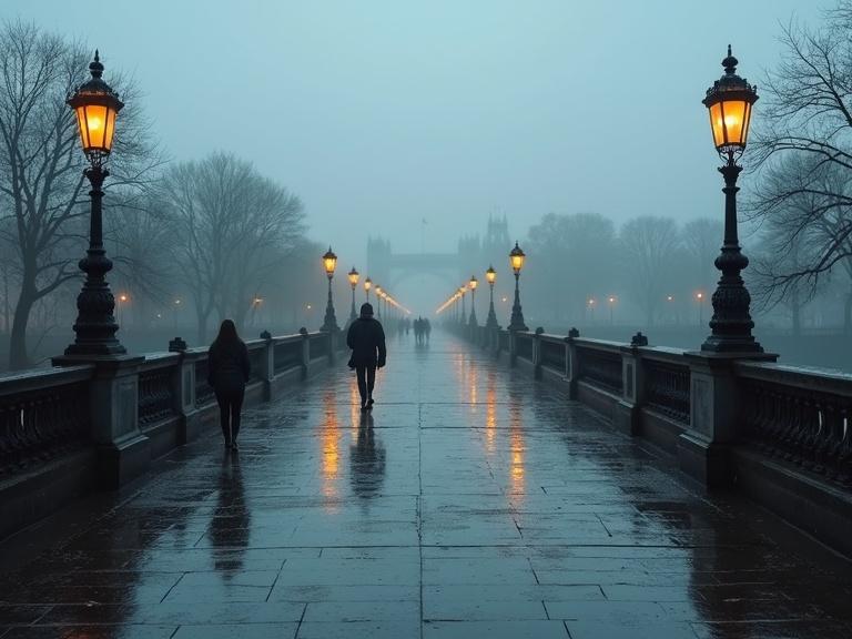 Rainy day scene on Waterloo Bridge in London. Fog envelops the surroundings. A man walks on the bridge while others appear in the distance. Street lamps illuminated along the path.