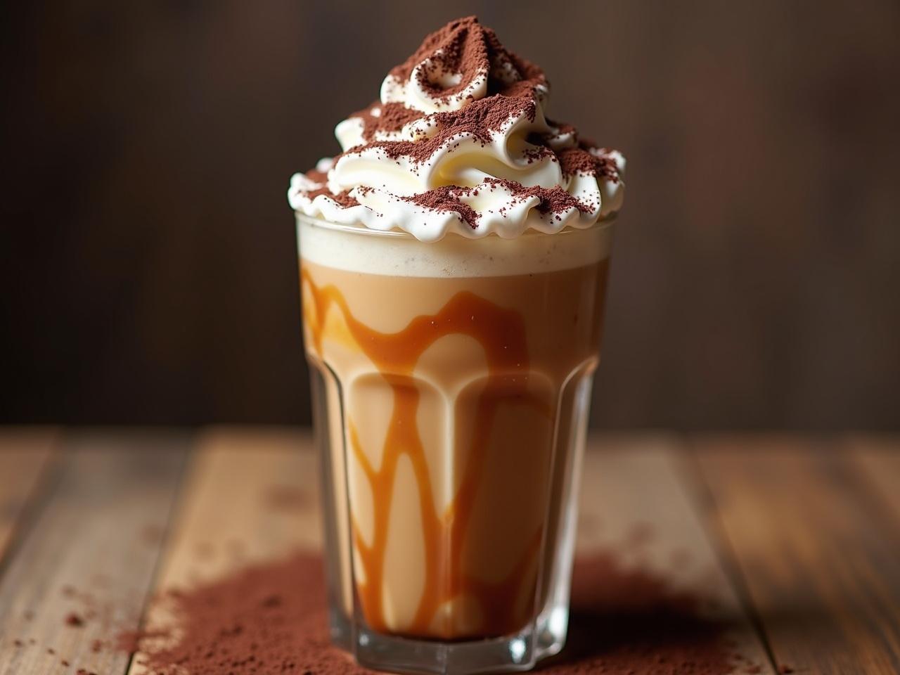 Iced caramel coffee topped with fresh cream. Chocolate syrup and chocolate powder visible on the top.