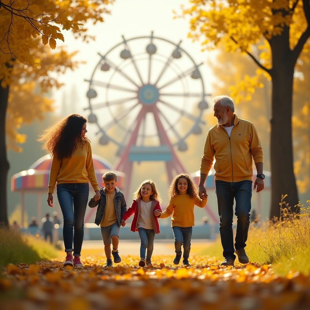 Family walking through a park in autumn. Mom, dad, and kids holding hands. Amusement park in background. Leisure atmosphere with wavy hair. Yellow theme and cheerful mood.