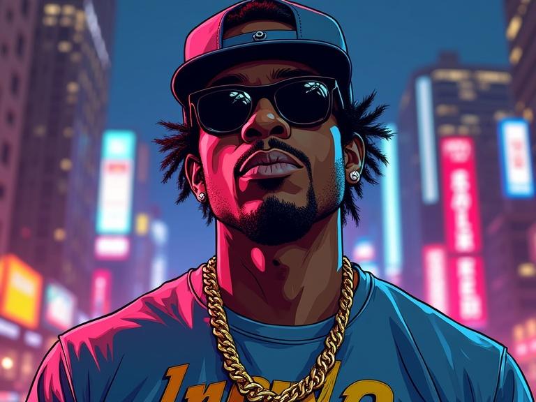 Black male rapper in Grand Theft Auto art style. Looking directly at the camera. Wearing urban streetwear with accessories. Detailed vibrant cityscape background with neon lights. Bold outlines and dramatic cell shading throughout the image.